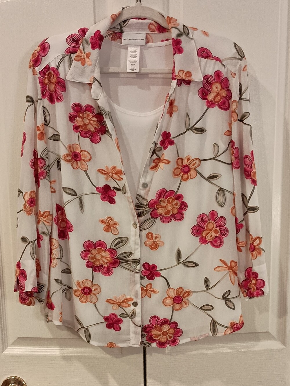 Alfred Dunner White Button-Down Shirt with Pink & Orange Floral Embroidery